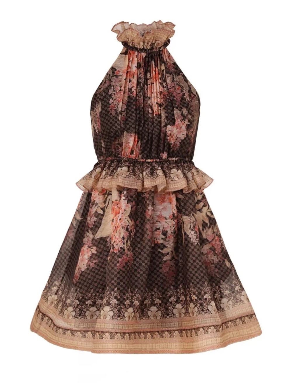 Zimmermann Floral Halter Ruffled Mini Dress in Brown and Pink - Picture 6 of 9